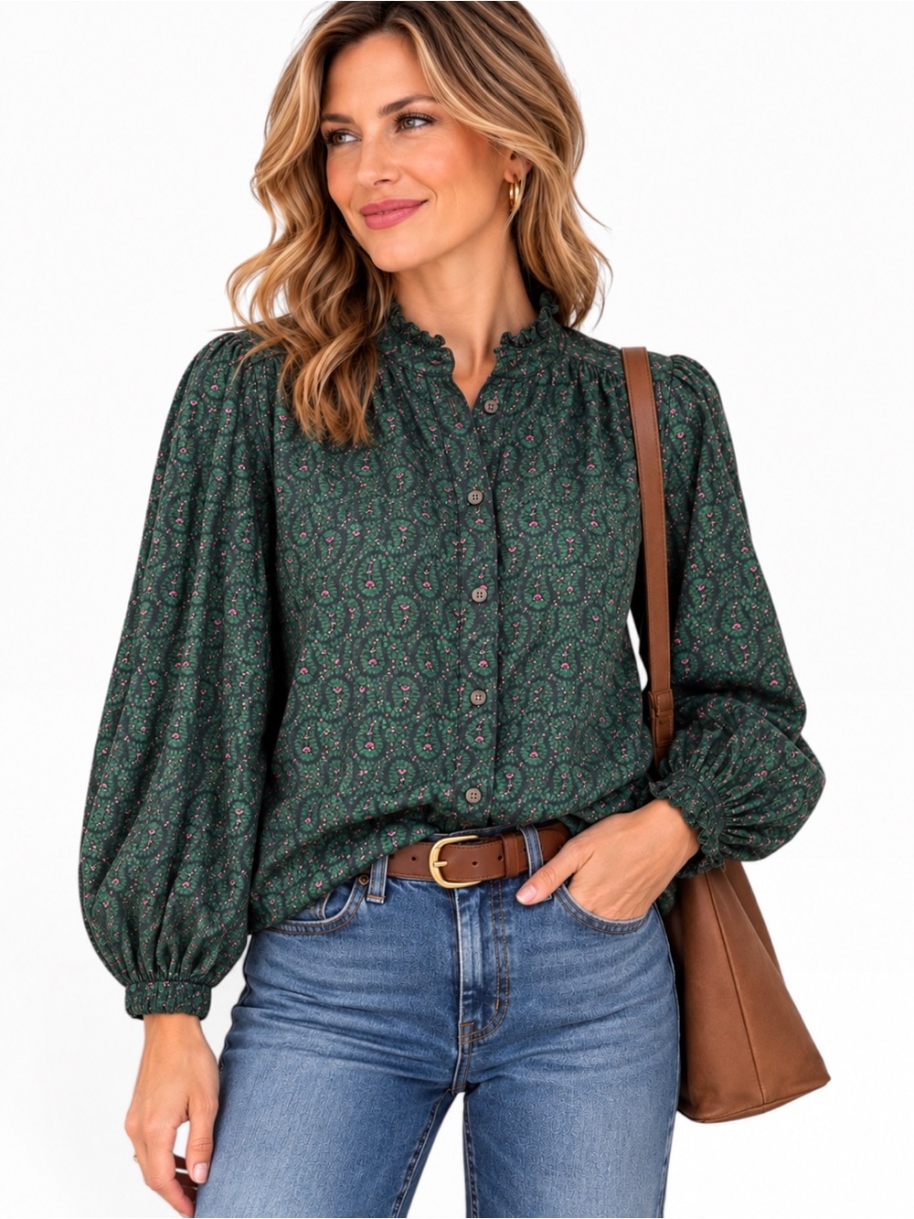 GAP | Ruffle Neck Floral Blouse Dark Green Pink Cottagecore Size L EUC
